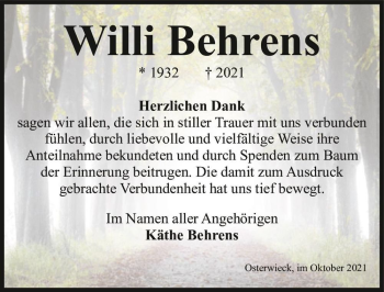Traueranzeige von Willi Behrens  von Magdeburger Volksstimme