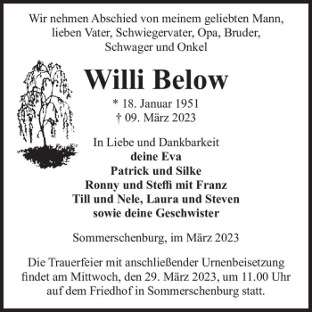 Traueranzeige von Willi Below  von Magdeburger Volksstimme