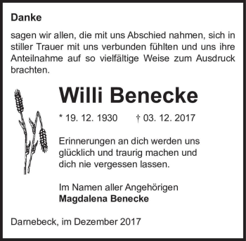 Traueranzeige von Willi Benecke  von Magdeburger Volksstimme