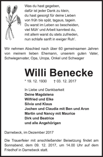 Traueranzeige von Willi Benecke  von Magdeburger Volksstimme