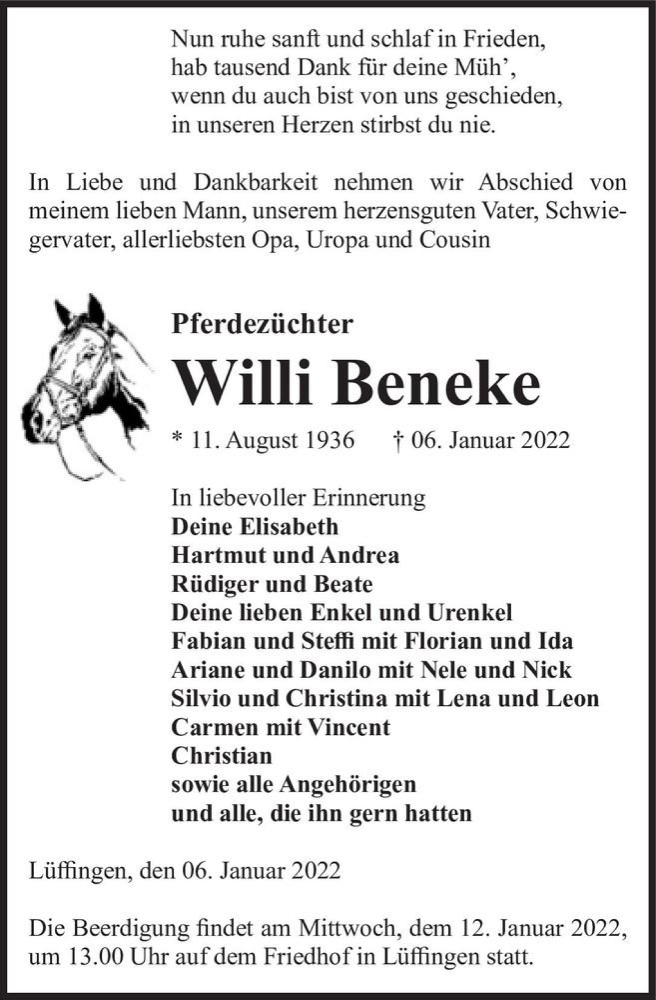  Traueranzeige für Willi Beneke  vom 11.01.2022 aus Magdeburger Volksstimme