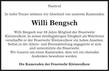 Traueranzeige von Willi Bengsch  von Magdeburger Volksstimme