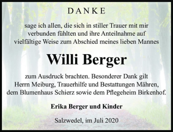 Traueranzeige von Willi Berger  von Magdeburger Volksstimme