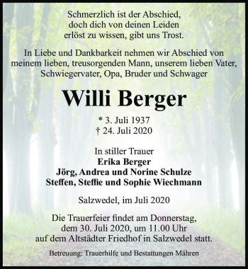 Traueranzeige von Willi Berger  von Magdeburger Volksstimme