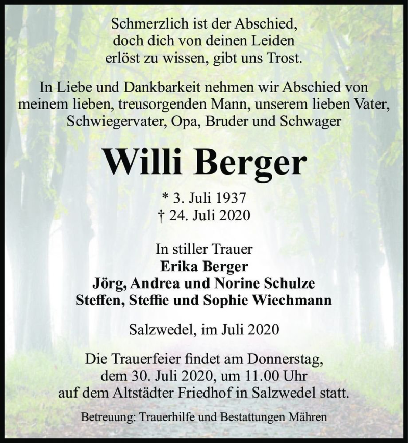  Traueranzeige für Willi Berger  vom 28.07.2020 aus Magdeburger Volksstimme