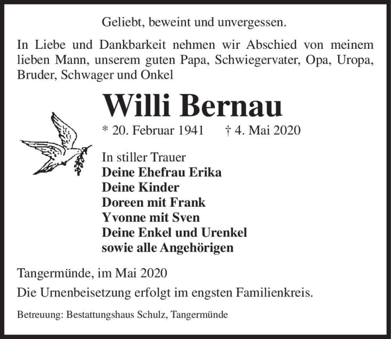  Traueranzeige für Willi Bernau  vom 12.05.2020 aus Magdeburger Volksstimme