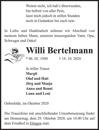 Traueranzeige von Willi Bertelmann  von Magdeburger Volksstimme