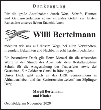 Traueranzeige von Willi Bertelmann  von Magdeburger Volksstimme