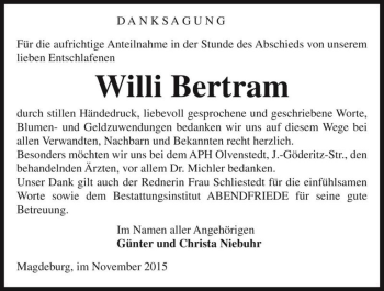 Traueranzeige von Willi Bertram  von Magdeburger Volksstimme