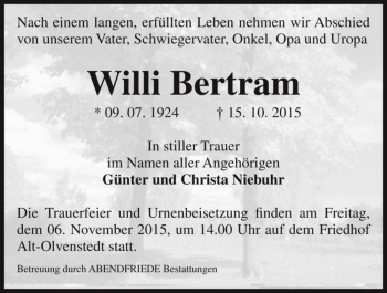 Traueranzeige von Willi Bertram  von Magdeburger Volksstimme