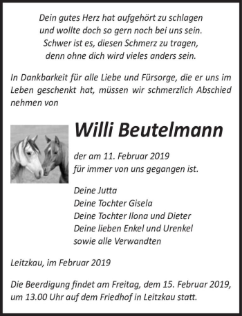 Traueranzeige von Willi Beutelmann  von Magdeburger Volksstimme
