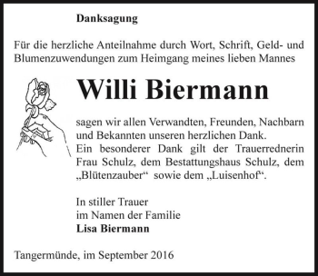 Traueranzeige von Willi Biermann  von Magdeburger Volksstimme