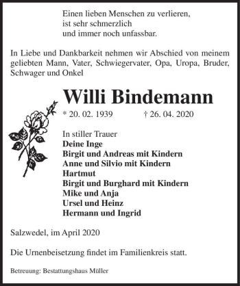 Traueranzeige von Willi Bindemann  von Magdeburger Volksstimme