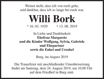 Traueranzeige von Willi Bork  von Magdeburger Volksstimme
