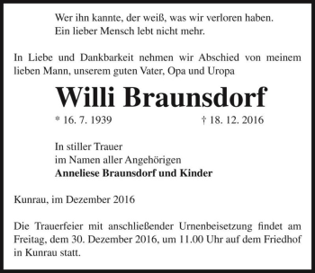 Traueranzeige von Willi Braunsdorf  von Magdeburger Volksstimme