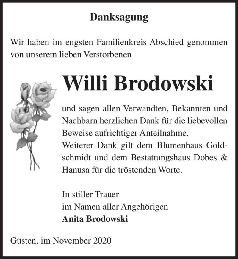  Traueranzeige für Willi Brodowski  vom 21.11.2020 aus Magdeburger Volksstimme