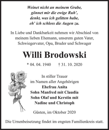 Traueranzeige von Willi Brodowski  von Magdeburger Volksstimme