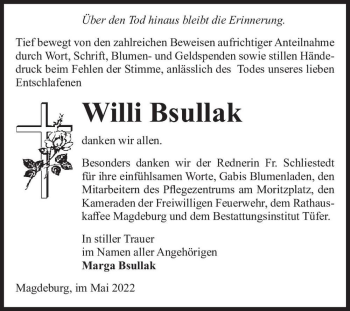 Traueranzeige von Willi Bsullak  von Magdeburger Volksstimme