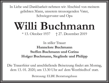 Traueranzeige von Willi Buchmann  von Magdeburger Volksstimme