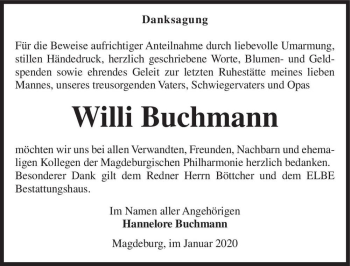 Traueranzeige von Willi Buchmann  von Magdeburger Volksstimme