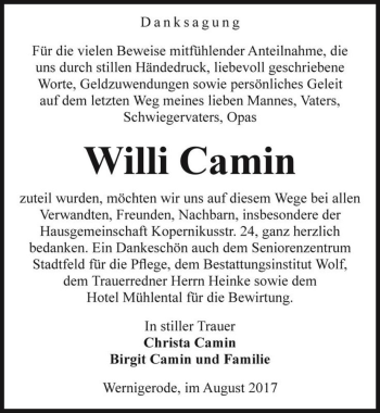 Traueranzeige von Willi Camin  von Magdeburger Volksstimme