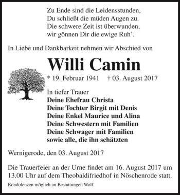 Traueranzeige von Willi Camin  von Magdeburger Volksstimme