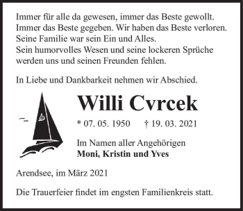 Traueranzeige von Willi Cvrcek  von Magdeburger Volksstimme
