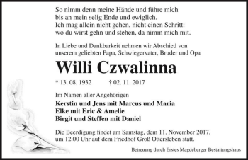 Traueranzeige von Willi Czwalinna  von Magdeburger Volksstimme