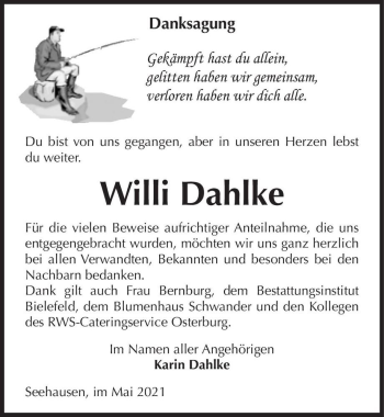 Traueranzeige von Willi Dahlke  von Magdeburger Volksstimme