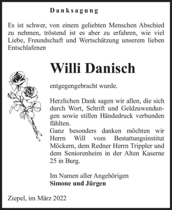 Traueranzeige von Willi Danisch  von Magdeburger Volksstimme