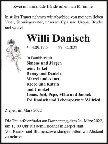 Traueranzeige von Willi Danisch  von Magdeburger Volksstimme