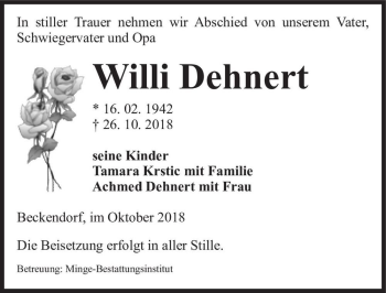 Traueranzeige von Willi Dehnert  von Magdeburger Volksstimme