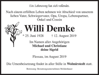 Traueranzeige von Willi Demke  von Magdeburger Volksstimme