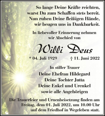Traueranzeige von Willi Deus  von Magdeburger Volksstimme