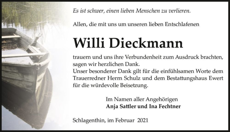  Traueranzeige für Willi Dieckmann  vom 13.02.2021 aus Magdeburger Volksstimme