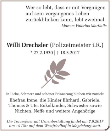 Traueranzeige von Willi Drechsler  von Magdeburger Volksstimme