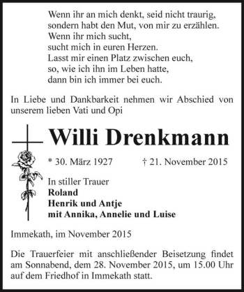 Traueranzeige von Willi Drenkmann  von Magdeburger Volksstimme