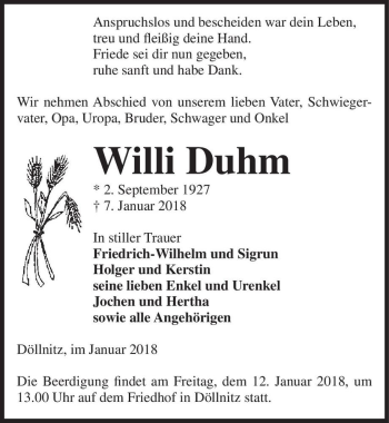Traueranzeige von Willi Duhm  von Magdeburger Volksstimme