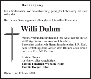 Traueranzeige von Willi Duhm  von Magdeburger Volksstimme
