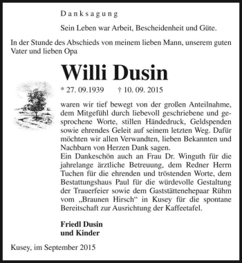 Traueranzeige von Willi Dusin  von Magdeburger Volksstimme