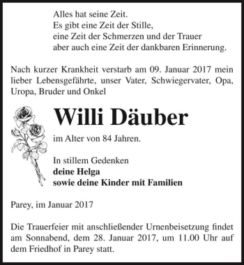 Traueranzeige von Willi Däuber  von Magdeburger Volksstimme