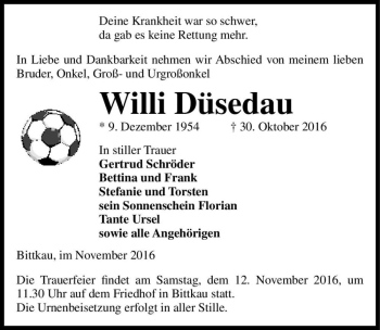 Traueranzeige von Willi Düsedau  von Magdeburger Volksstimme