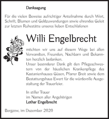 Traueranzeige von Willi Engelbrecht  von Magdeburger Volksstimme