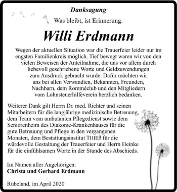 Traueranzeige von Willi Erdmann  von Magdeburger Volksstimme