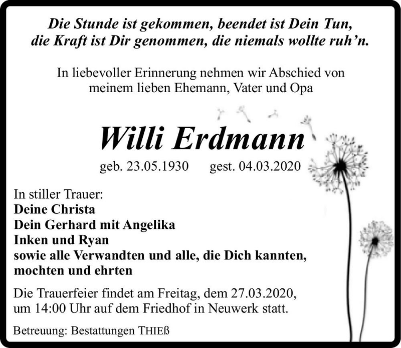  Traueranzeige für Willi Erdmann  vom 14.03.2020 aus Magdeburger Volksstimme