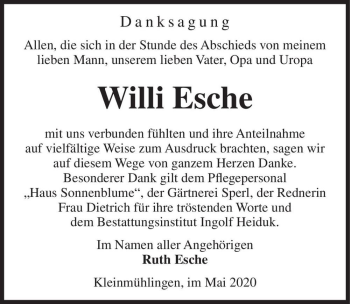 Traueranzeige von Willi Esche  von Magdeburger Volksstimme