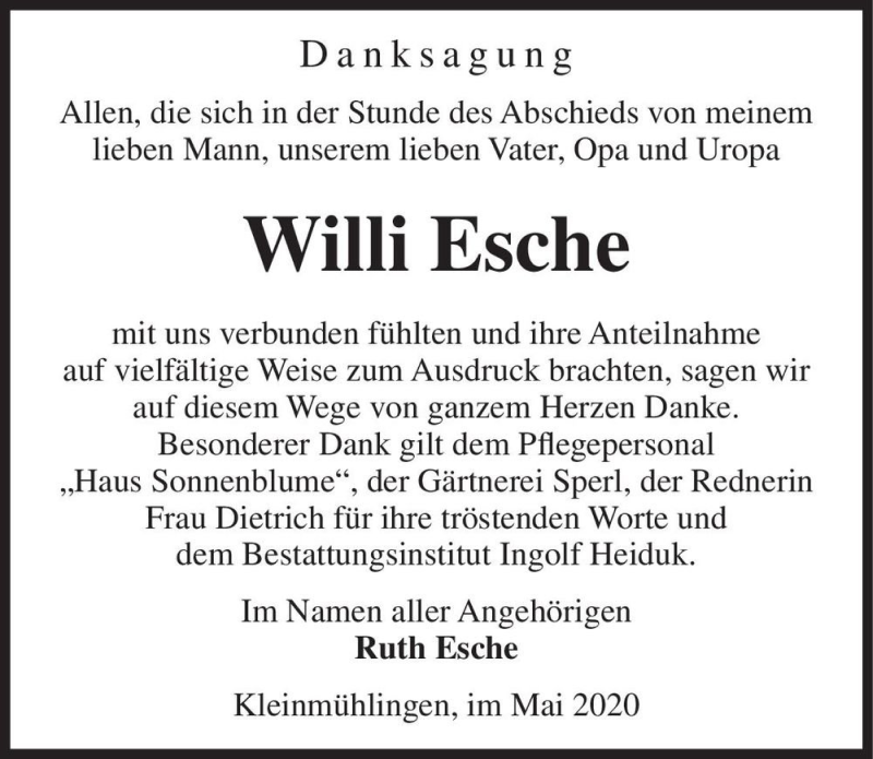  Traueranzeige für Willi Esche  vom 16.05.2020 aus Magdeburger Volksstimme