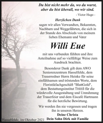 Traueranzeige von Willi Eue  von Magdeburger Volksstimme