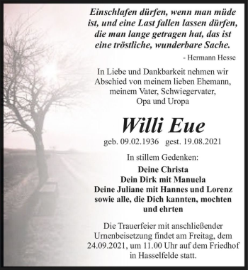 Traueranzeige von Willi Eue  von Magdeburger Volksstimme