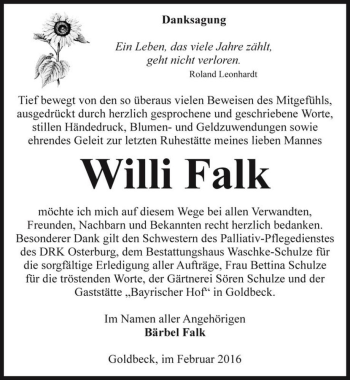 Traueranzeige von Willi Falk  von Magdeburger Volksstimme